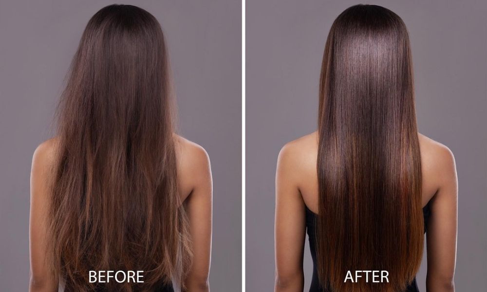 Hình ảnh trước và sau: tóc khô xơ bên trái, tóc suôn mượt bên phải.