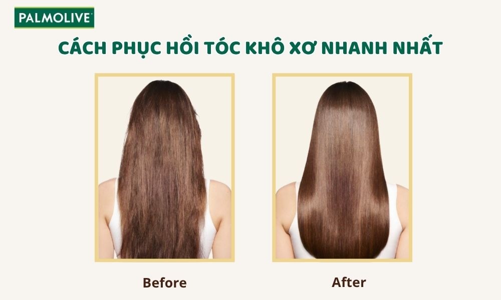 Hình ảnh trước và sau: tóc khô xơ bên trái, tóc suôn mượt bên phải.