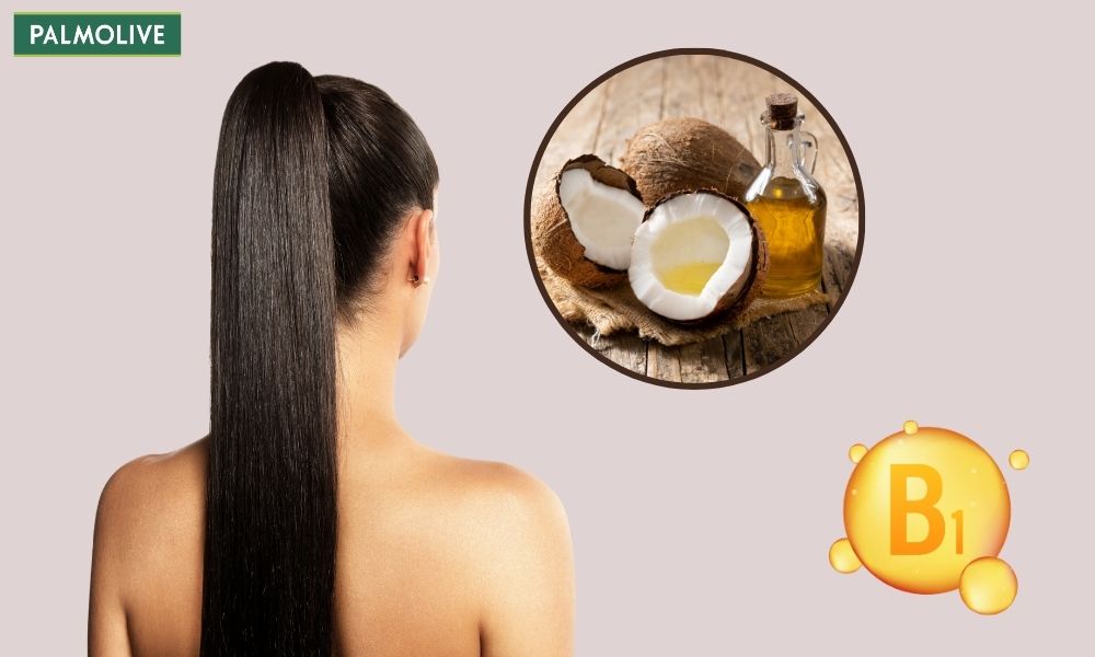 Ủ tóc bằng dầu dừa và vitamin B1 giúp chống oxy hóa và hạn chế gãy rụng 