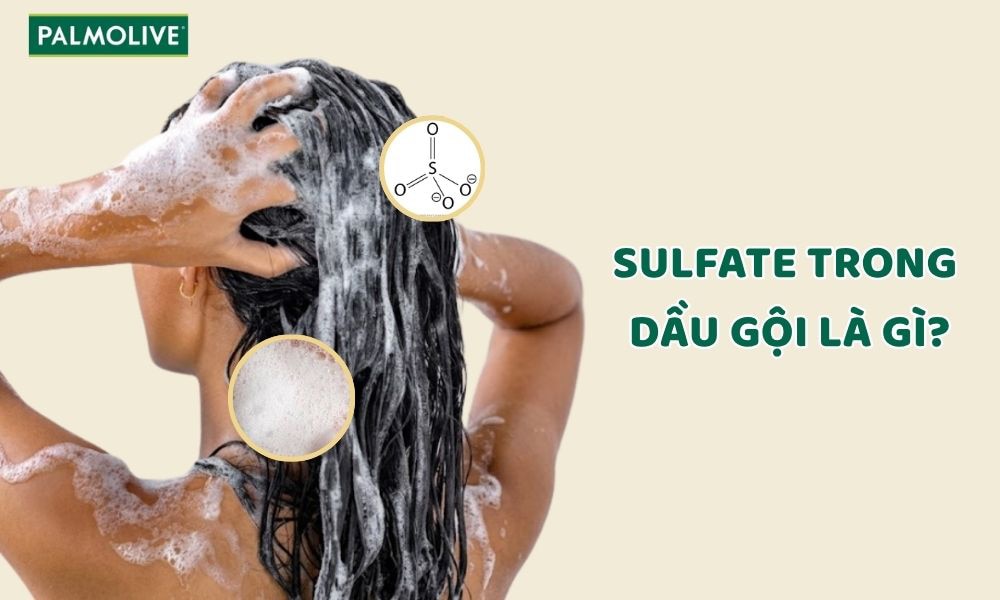 Woman washing her hair with foamy shampoo, featuring Palmolive branding and a sulfate chemical structure infographic.